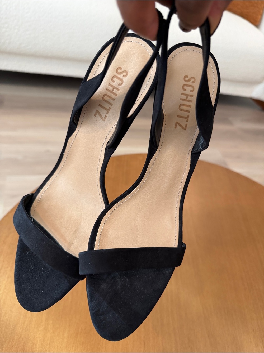 SCHUTZ Black Suede Open-Toe Slingback Heels - Picture 5 of 14